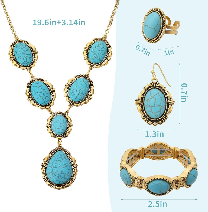 JMScape 4 PCS Western Turquoise Jewelry for Women Boho Vintage Navajo Pearl Necklace Earring Bracelet Ring Set Country Cowgirl Accessories for Gift - Image 5